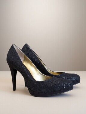 Nine West Black Glitter Lace Platform Heels Size 10 Formal Party Pumps